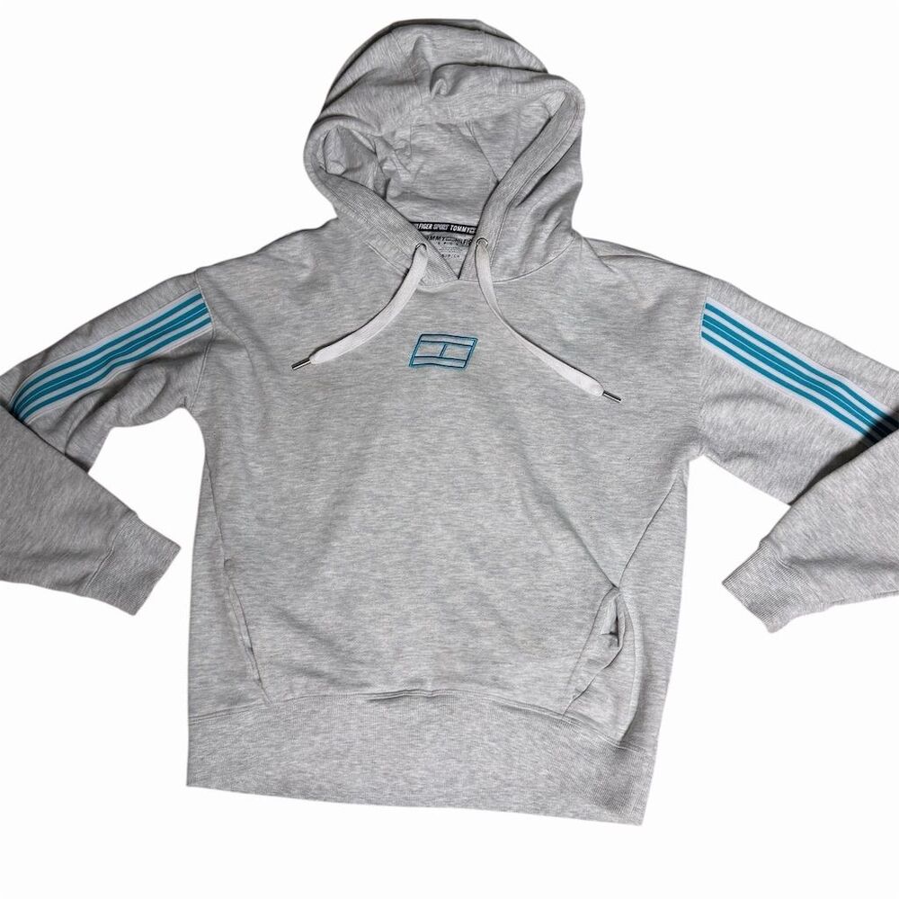 STRETCHY Tommy Hilfiger Women's S Gray Hoodie S Blue Striped Sleeves
